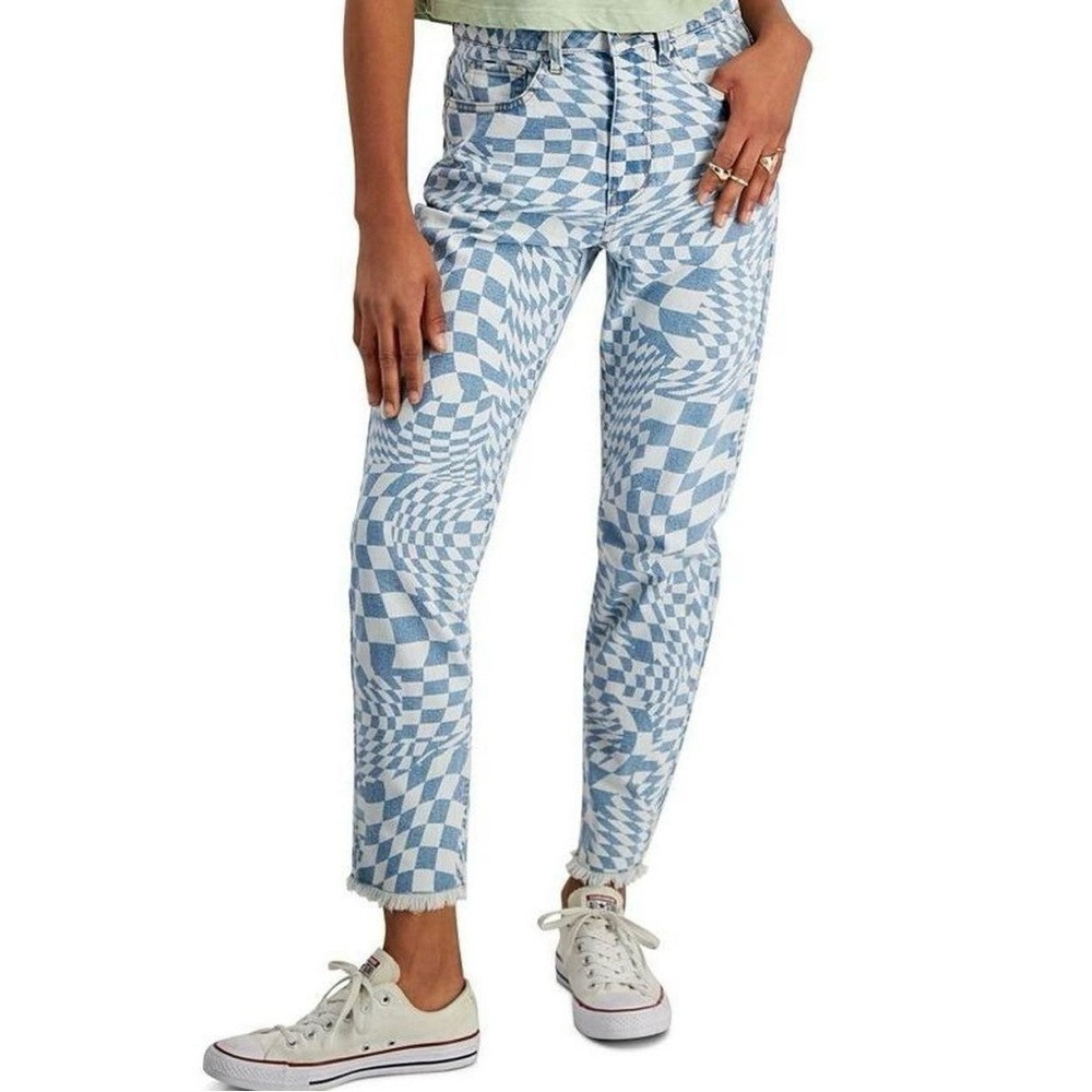 Tinseltown Blue and White Checkered Mom Jeans
